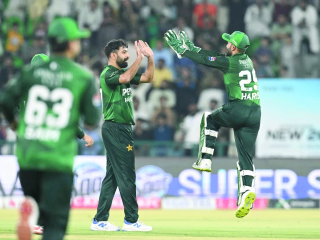 pakistan s haris rauf celebrates with teammate mohammad haris after taking the wicket of bangladesh s parvez hossain during the second twenty20 international cricket match between pakistan and bangladesh at the gaddafi cricket stadium lahore photo afp pakistan s haris rauf celebrates with teammate mohammad haris after taking the wicket of bangladesh s parvez hossain during the second twenty20 international cricket match between pakistan and bangladesh at the gaddafi cricket stadium lahore photo afp