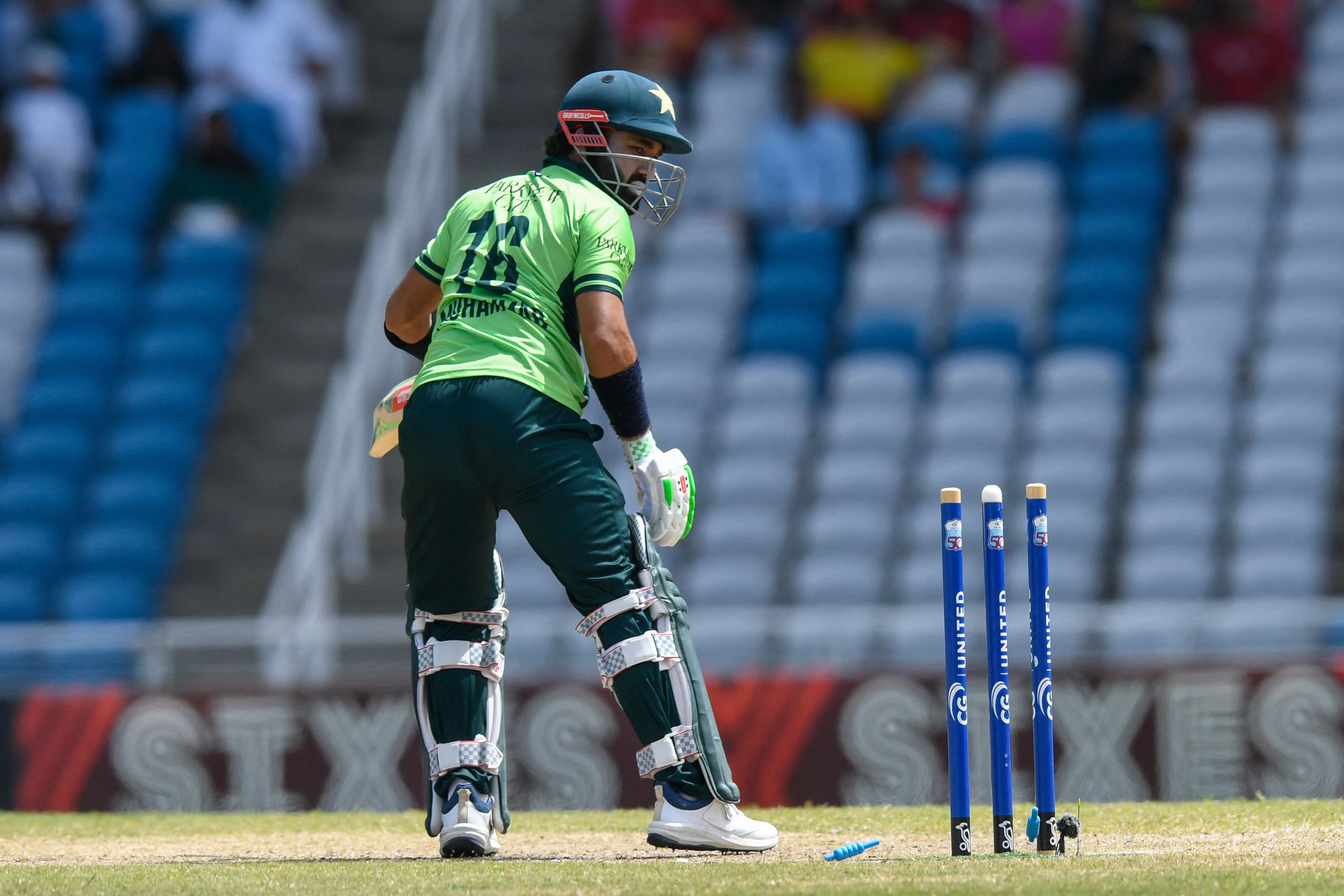 mohammad rizwan of pakistan is bowled by jayden seales of west indies during the 3rd and final odi match between west indies and pakistan at brian lara cricket academy in tarouba trinidad and tobago on august 12 2025 photo afp