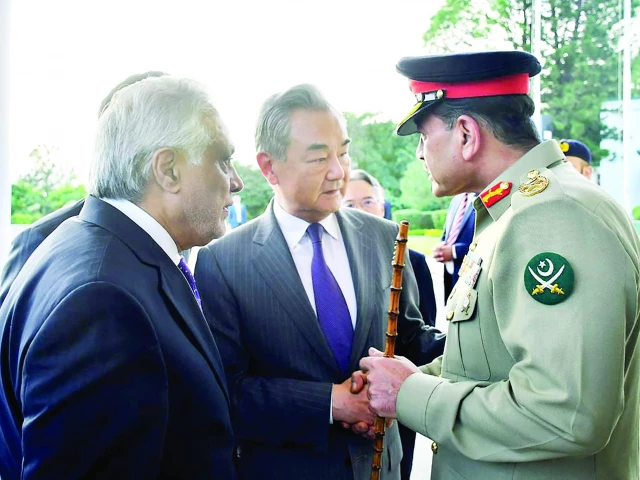 foreign minister ishaq dar and army chief general syed asim munir greet chinese foreign minister wang yi in rawalpindi photo afp foreign minister ishaq dar and army chief general syed asim munir greet chinese foreign minister wang yi in rawalpindi photo afp
