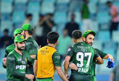 pakistan captain salman agha celebrates with teammates after their win against uae at the end of the asia cup 2025 twenty20 international cricket match at the dubai international stadium photo afp