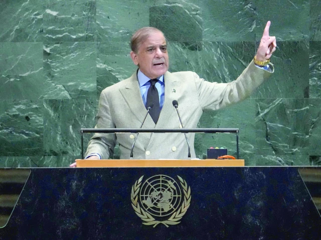 prime minister shehbaz sharif addresses the un general assembly in new york from climate to conflict his words sought to place pakistan s voice firmly on the world stage photo afp