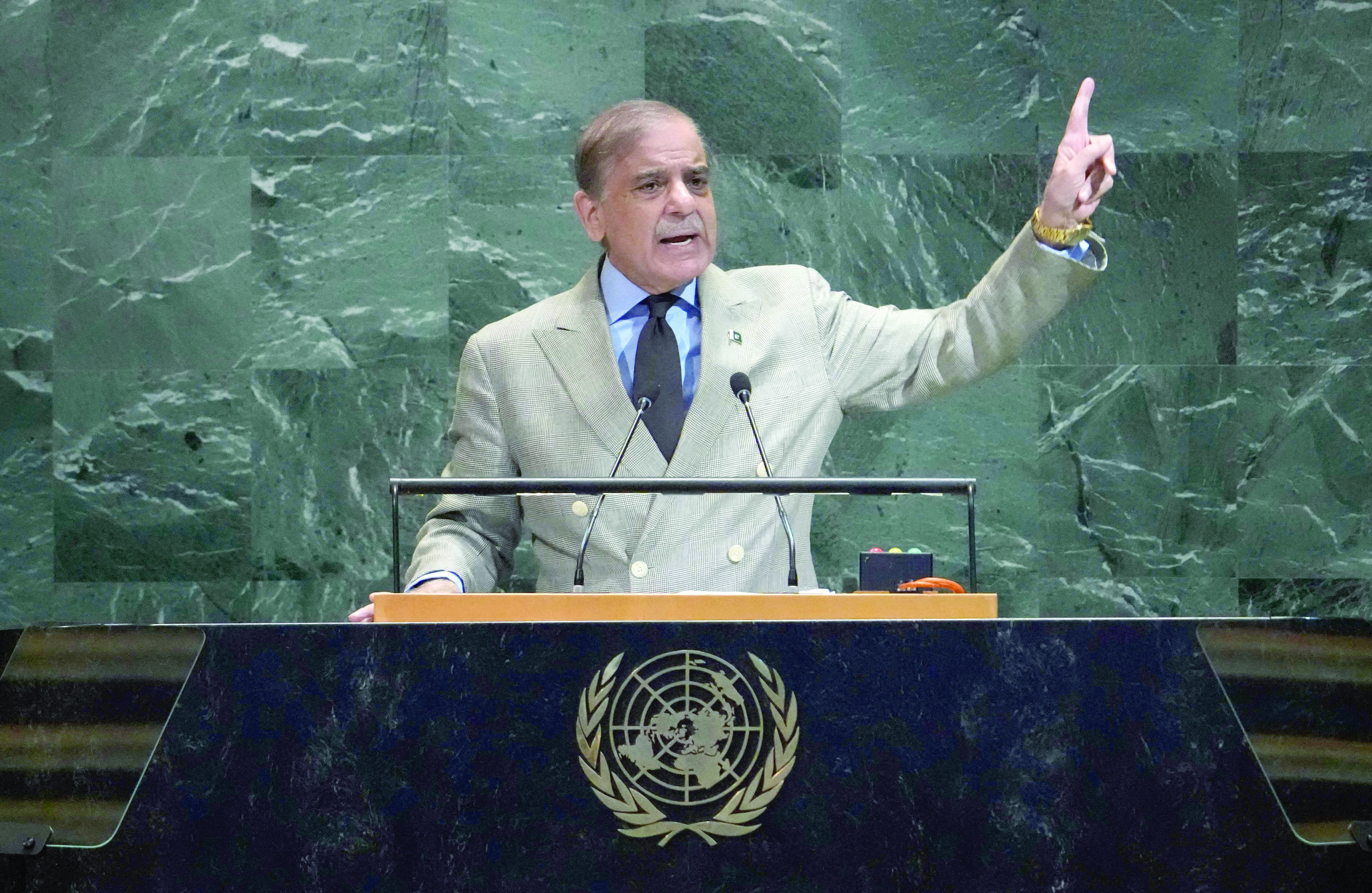 prime minister shehbaz sharif addresses the un general assembly in new york from climate to conflict his words sought to place pakistan s voice firmly on the world stage photo afp prime minister shehbaz sharif addresses the un general assembly in new york from climate to conflict his words sought to place pakistan s voice firmly on the world stage photo afp