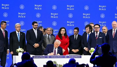 paraguay s president santiago pena l prime minister shehbaz sharif 5l kosovo s president vjosa osmani c r morocco s foreign minister nasser bourita 6r argentina s president javier milei 5r armenia s prime minister nikol pashinyan 2r bulgaria s former prime minister rosen zhelyazkov r turkiye s foreign minister hakan fidan 4r pose with us president donald trump signing a founding charter at the board of peace meeting during the world economic forum wef annual meeting in davos switzerland on thursday afp