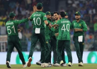 pakistan s salman ali agha celebrates with teammates after dismissing india s abhishek sharma at the r premadasa international cricket stadium in colombo on february 15 2026 photo reuters
