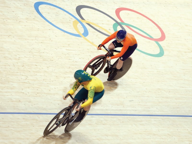 kristina clonan of australia and steffie van der peet of the netherlands in action during the women s cycling sprint at saint quentin en yvelines velodrome photo reuters