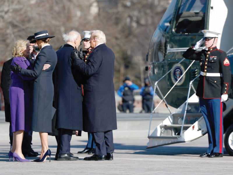 former first lady jill biden first lady melania trump former us president joe biden us president donald trump say goodbye before the bidens board a helicopter outside the us capitol in washington dc photo afp