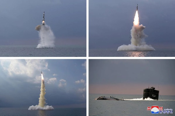 a combination of pictures shows a new submarine launched ballistic missile during a test in this undated photo released on october 19 2021 by north korea s korean central news agency photo reuters