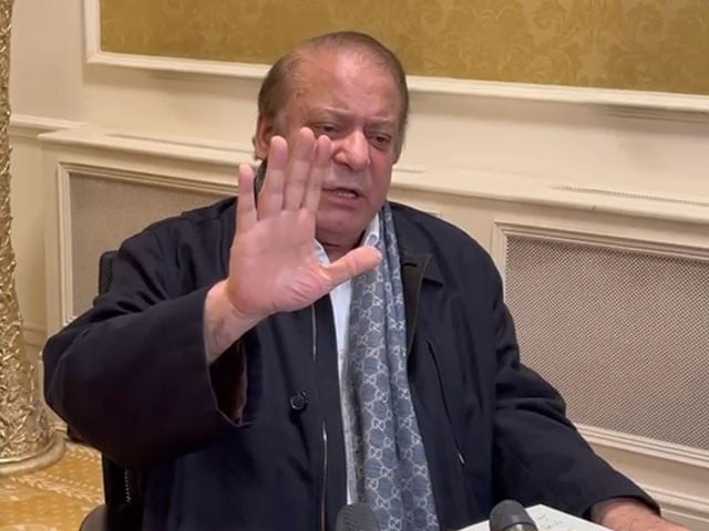 former prime minister nawaz sharif addressing a press conference in london on march 31 2023 screengrab