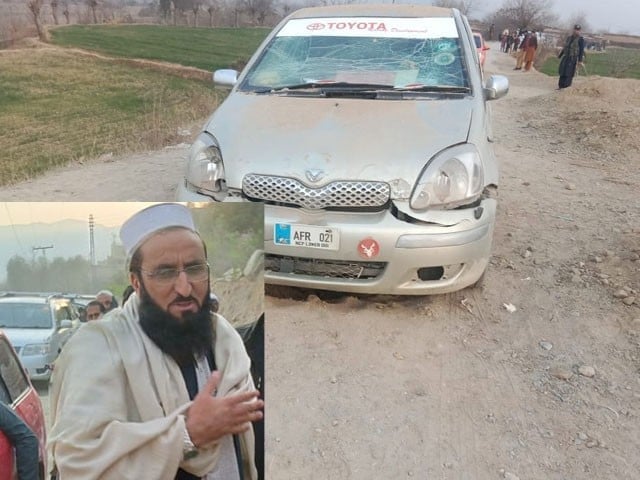 qari khairullah s vehicle was damaged as a result of the blast but fortunately the jui f leader remained unharmed photo express