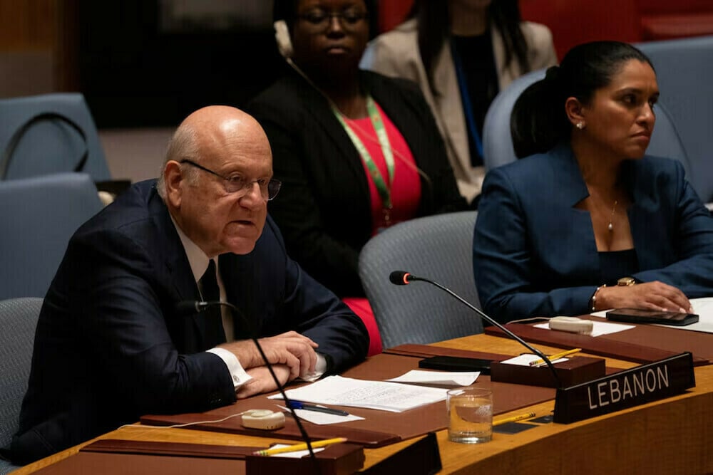 lebanon s caretaker prime minister najib mikati speaks at the united nations security council meeting on the escalation in fighting in lebanon between israel and hezbollah during the united nations general assembly at un headquarters in new york us on september 25 2024 photo reuters