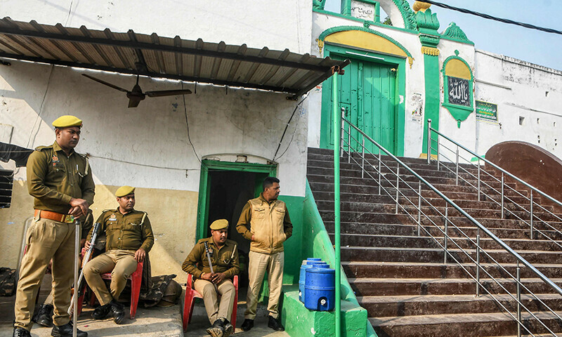 state police personnel deployed outside the shahi jama masjid following religious violence in sambhal on november 25 2024 photo afp