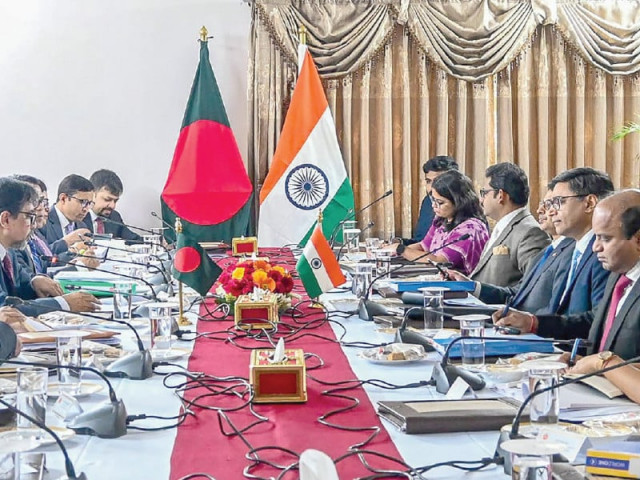 india s foreign secretary vikram misri 3r and his bangladeshi counterpart mohammad jashim uddin 2l hold talks in dhaka photo afp india s foreign secretary vikram misri 3r and his bangladeshi counterpart mohammad jashim uddin 2l hold talks in dhaka photo afp