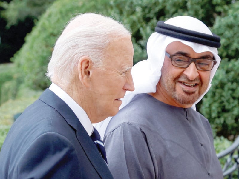 us president joe biden greets president sheikh mohamed bin zayed al nahyan of the united arab emirates at the south portico of the white house in washington dc photo afp