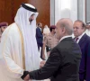prime minister shehbaz sharif condoles with qatar s emir sheikh tamim bin hamad al thani following the death of former ruler sheikh hamad as former prime minister nawaz sharif looks on at lusail palace on the outskirts of doha photo afp