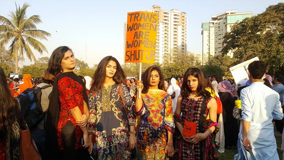 Transwomen activists hold signs calling for acceptance of transwomen as women - Photo Courtesy Hija Kamran 