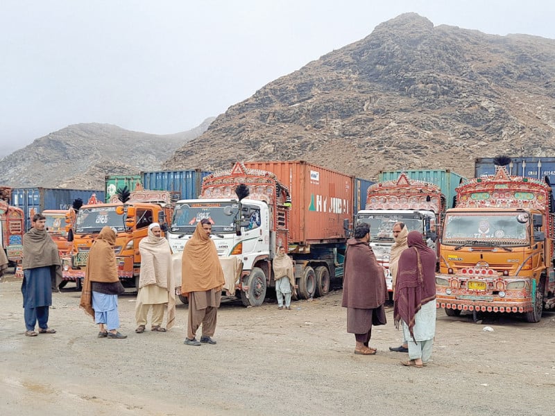 people stand next to parked trucks loaded with supplies at the torkham border crossing following a clash between pakistan and afghanistan photo reuters