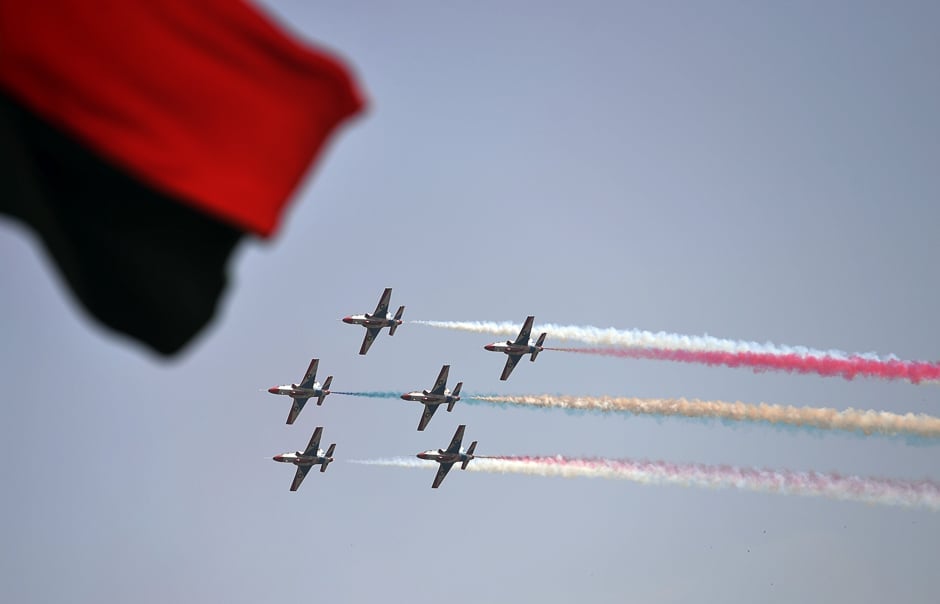 Jets perform aerobatic manouvers during a Pakistan Day military parade in Islamabad. PHOTO: AFP