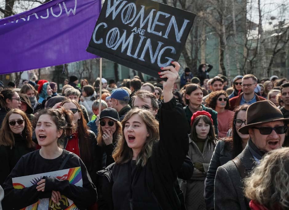 Activists attend a rally for gender equality and against violence towards women on the International Women's Day in Kiev, Ukraine. PHOTO: REUTERS