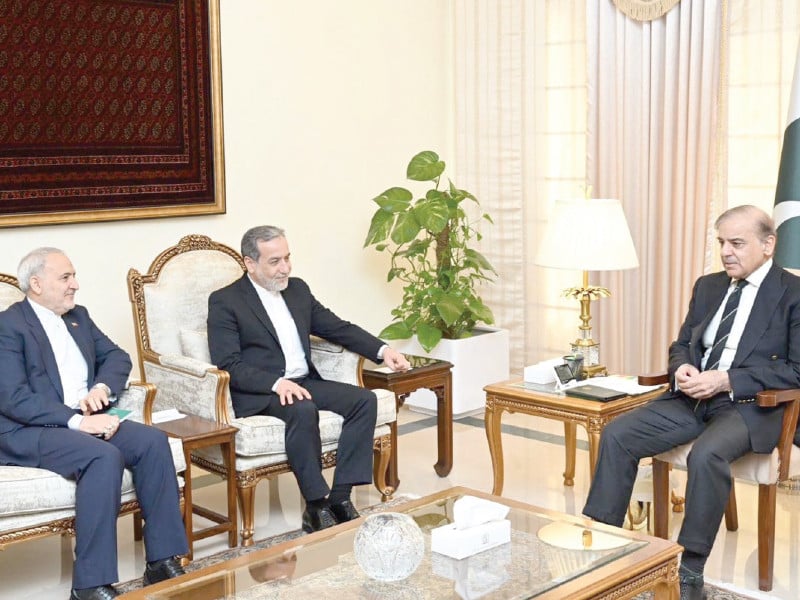 prime minister shehbaz sharif greets iranian foreign minister seyyed abbas araghchi prior to their meeting photo express