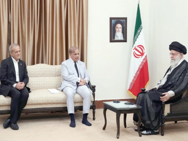 pm shehbaz sharif calls on iran s supreme leader ayatollah ali khamenei as president masoud pezeshkian looks on in tehran photo reuters