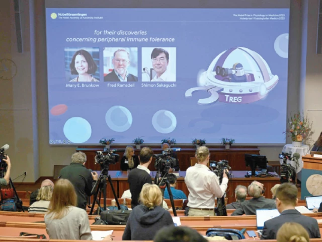 marie wahren herlenius professor of rheumatology at the karolinska institutet announces the winners of the 2025 nobel prize in physiology or medicine at the karolinska institute in stockholm photo afp