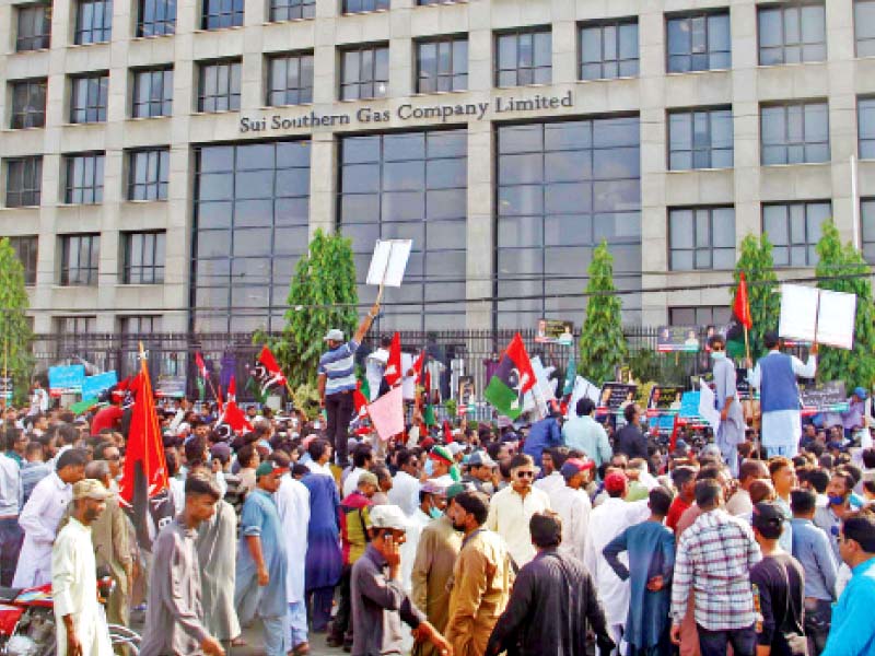 ppp lawmakers and workers held a demonstration against gas load shedding outside the office of the ssgc on tuesday the protesters termed gas and electricity suspension unconstitutional photo online