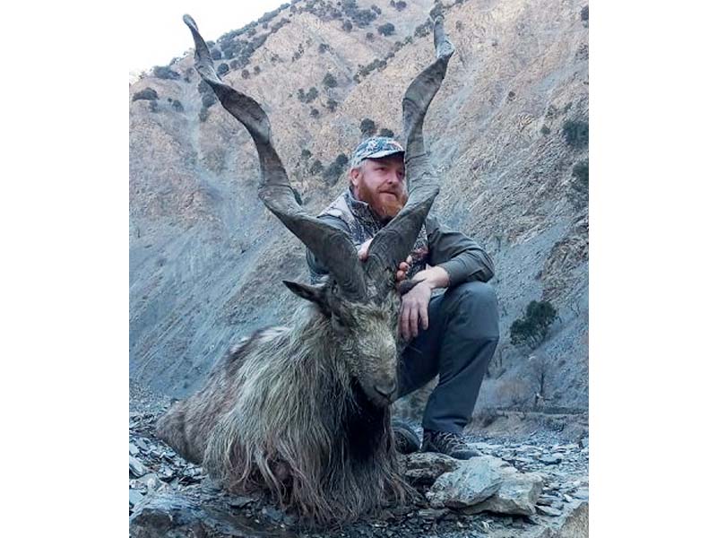 hunter edward joseph hudson with the markhor he brought down in chitral while participating in the trophy hunting programme sponsored by the government to promote wildlife conservation photo express