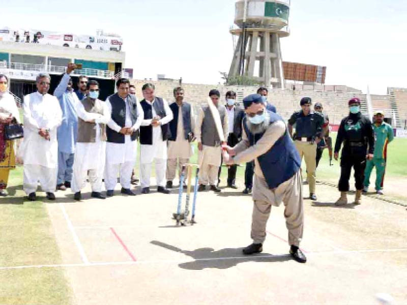 balochistan chief minister jam kamal plays a shot after the inauguration ceremony of the all pakistan chief minister balochi stan diamond jubilee quetta gladiators women league 2021 in quetta photo nni