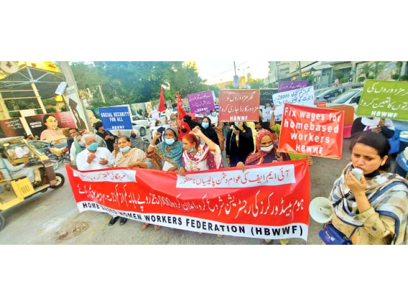 home based workers gather outside the karachi press club to demand registration and effective implementation of their rights photo express