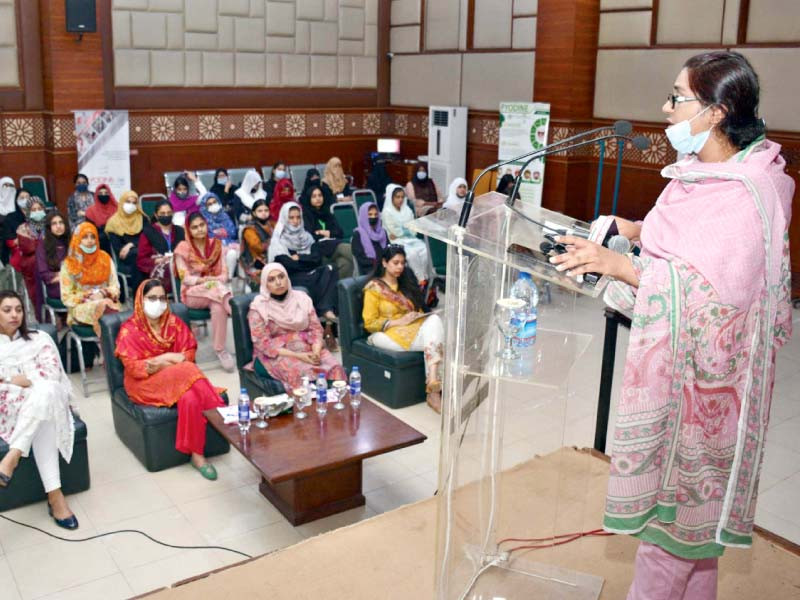 gynaecologist of railway cairns hospital dr sameera rana addresses a seminar on women hygiene jointly organised by the metier groupe and the express media group at the bahria university in lahore photo express