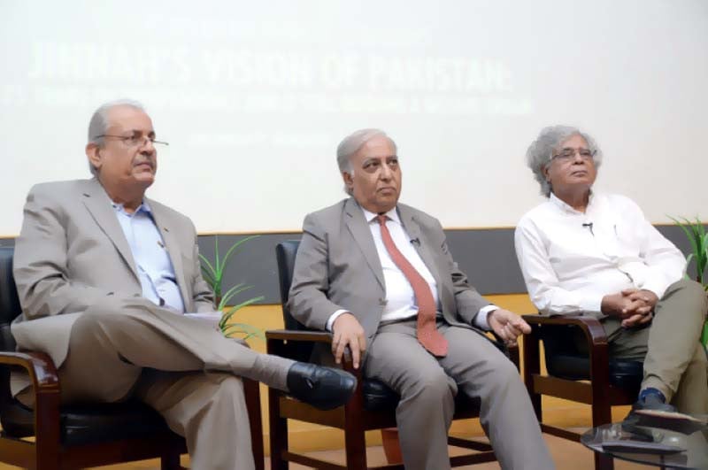 raza rabbani prof jaffer ahmed and ghazi salahuddin express their views during a discussion on jinnah s vision of pakistan hosted by ziauddin university photo express