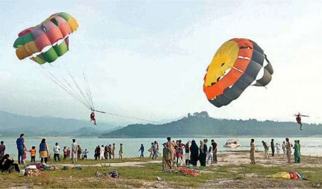 after a suspension due to security reasons the popular parasailing activity at khanpur dam has resumed photos express file after a suspension due to security reasons the popular parasailing activity at khanpur dam has resumed photos express file
