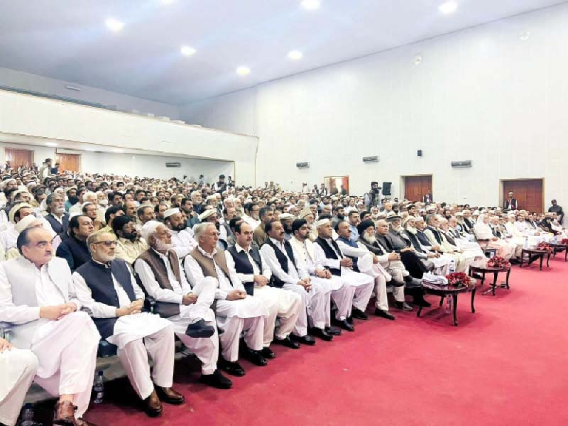 elders politicians and traders from seven districts participate in a grand jirga in swat photo express