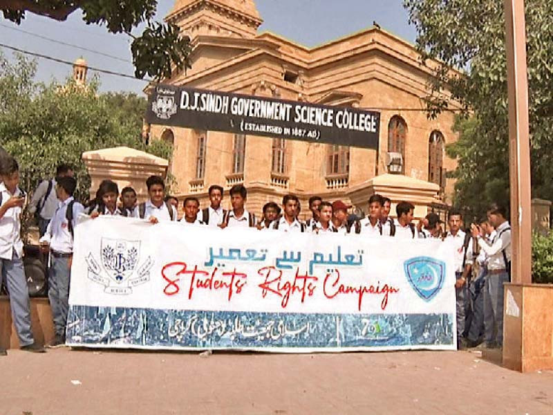 students of dj science college protest against a sindh government plan to set up offices in the college building photo express