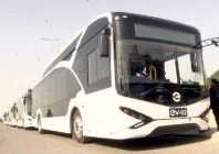 country s first ev buses are parked during the inauguration ceremony on friday while sindh ministers including sharjeel memon saeed ghani and nasir hussain shah take a ride during the test run photos express