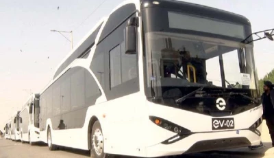 country s first ev buses are parked during the inauguration ceremony on friday while sindh ministers including sharjeel memon saeed ghani and nasir hussain shah take a ride during the test run photos express
