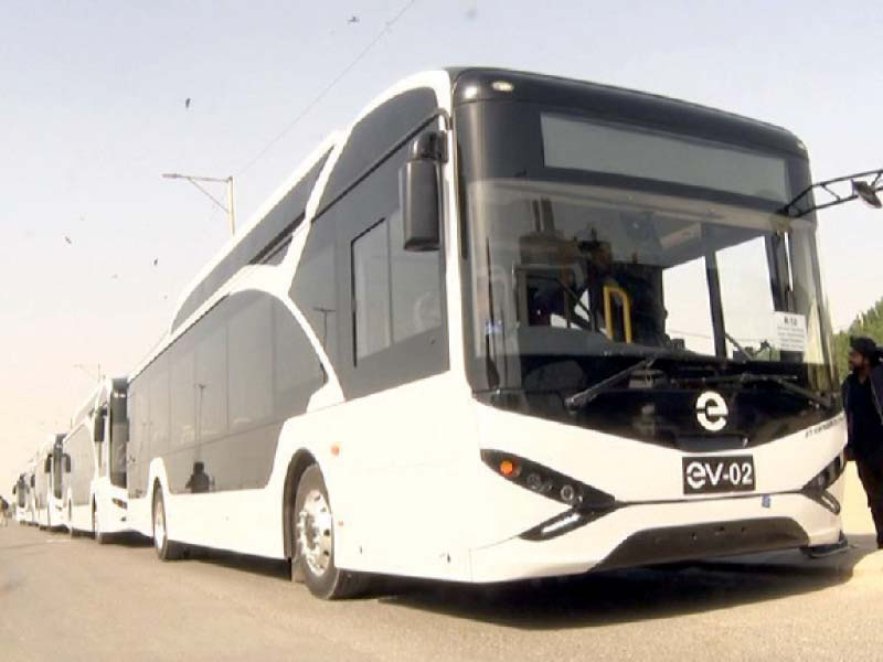 country s first ev buses are parked during the inauguration ceremony on friday while sindh ministers including sharjeel memon saeed ghani and nasir hussain shah take a ride during the test run photos express