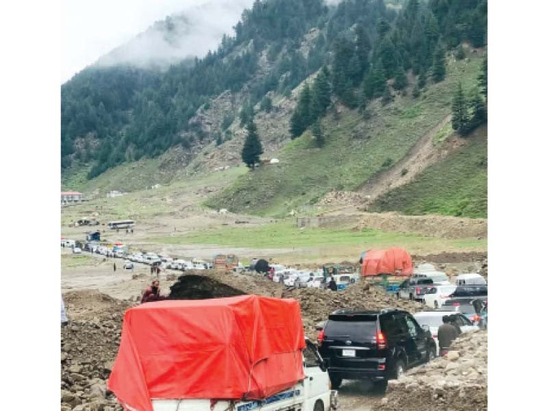 long queues of vehicles form due to the closure of the kaghan highway in the scenic naran valley photo express