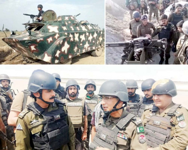 south punjab aig police maqsoodul hassan interacts with the officers conducting the operation in the riverine areas bottom while a policeman glances across the area from an apc top left meanwhile dg khan rpo captain retd sajjad hassan points something out to the man who stands near a heavy machine gun photos express