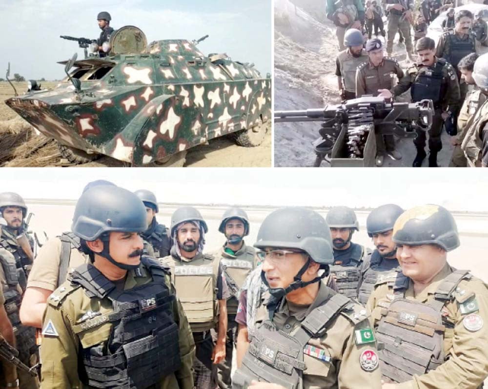 South Punjab AIG police Maqsoodul Hassan interacts with the officers conducting the operation in the riverine areas (bottom) while a policeman glances across the area from an APC (top left). Meanwhile, DG Khan RPO Captain (retd) Sajjad Hassan points something out to the man who stands near a heavy machine gun. PHOTOS: EXPRESS