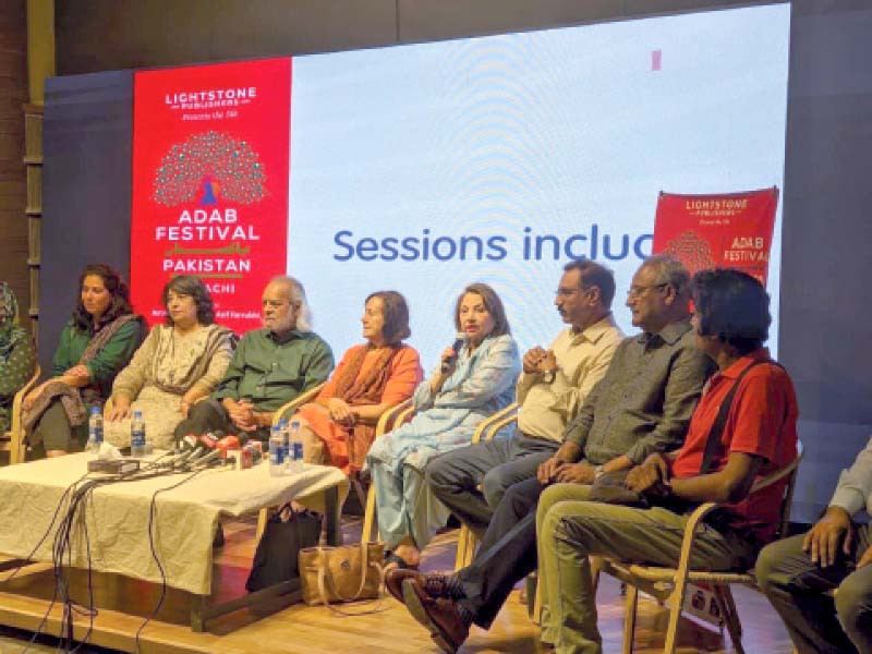 panelists express their views at a press conference held to announce the launch of the fifth edition of the adab festival in karachi photo express