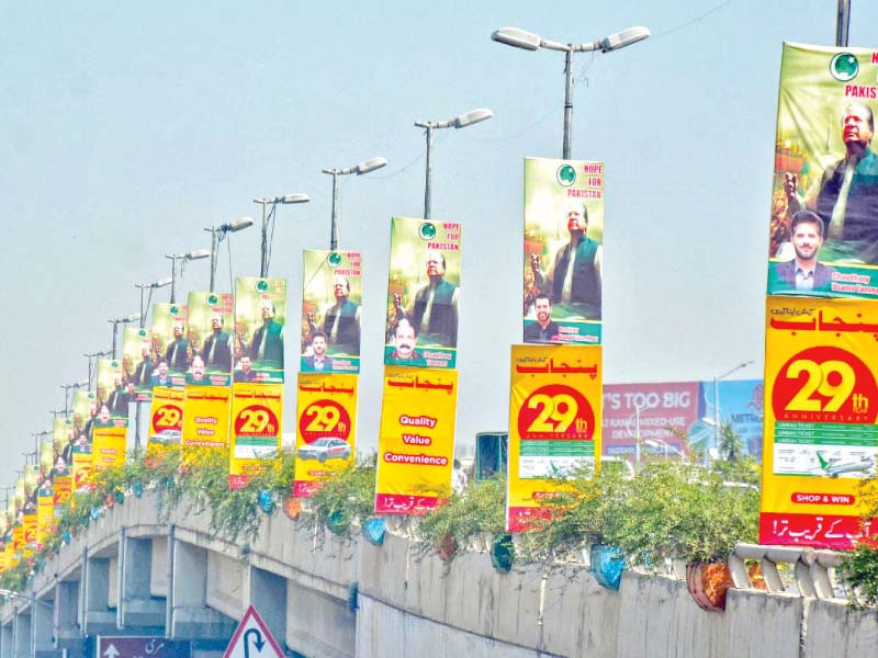 a view of the banners put up across the garrison city on the occasion of the arrival of former prime minister and pml n chief mian muhammad nawaz sharif photo agha mahroz express