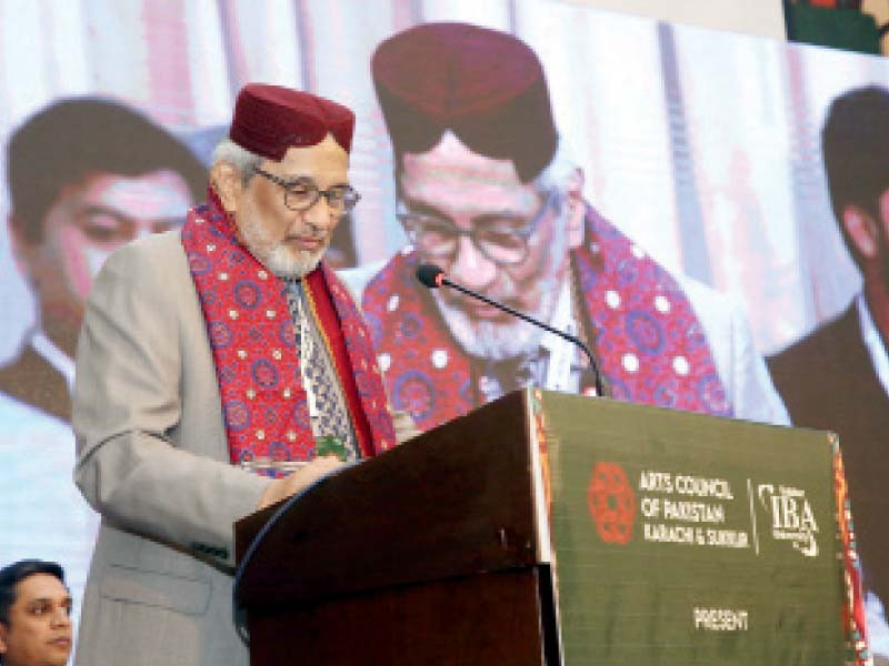 sindh caretaker chief minister justice retd maqbool baqar speaks during the opening of two day literature festival in sukkur photo express