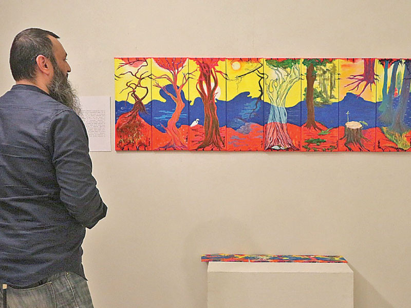 a visitor observes an art piece at an exhibition in the federal capital photo express
