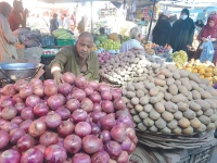 a shopkeeper arranges onions at his shop photo express