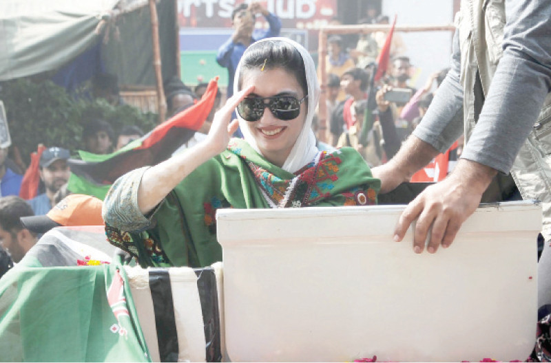 aseefa bhutto zardari salutes the participants of a rally in hyderabad ahead of general elections photo online file