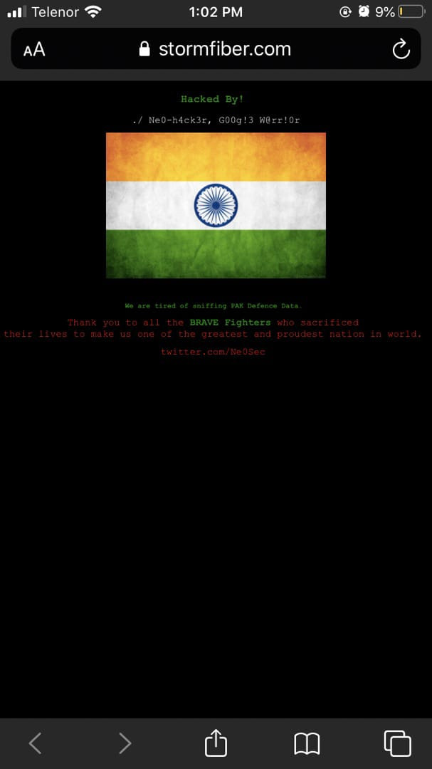 Photo of Stormfiber allegedly hacked by Indians