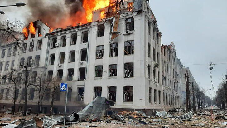 a view shows the area near national university after shelling in kharkiv ukraine in this handout picture released march 2 2022 photo reuters