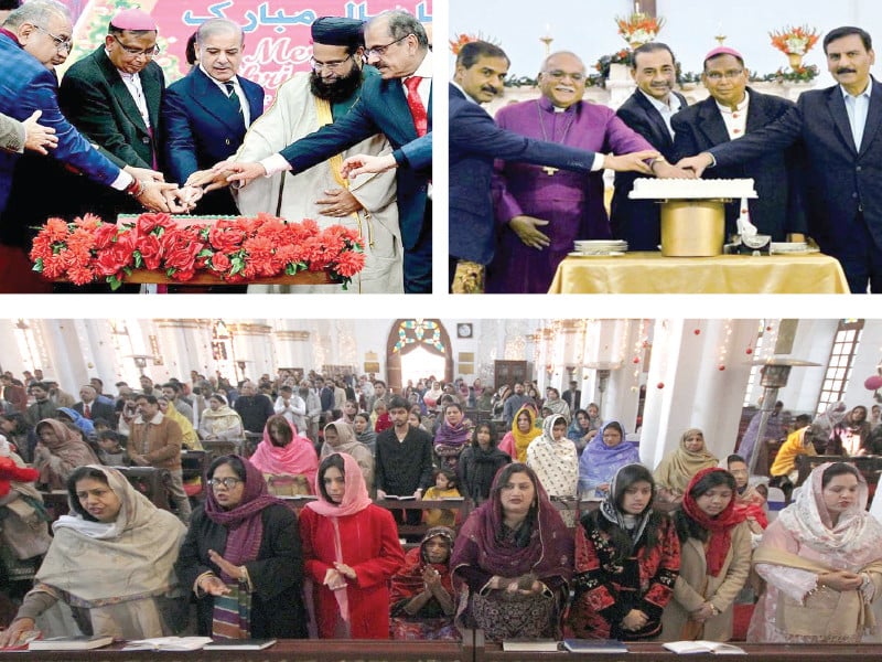 clockwise pm shehbaz sharif cuts the christmas cake at a ceremony at the pm house army chief gen asim munir cuts the christmas cake during a visit to st joseph s catholic cathedral church participants pray during the christmas mass at a church in peshawar photos agencies