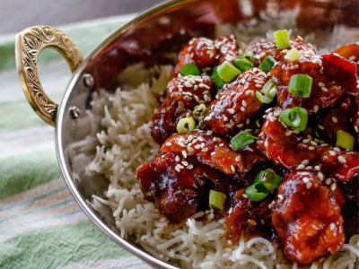 honey sesame chicken with boiled rice better than any chinese restaurant can offer